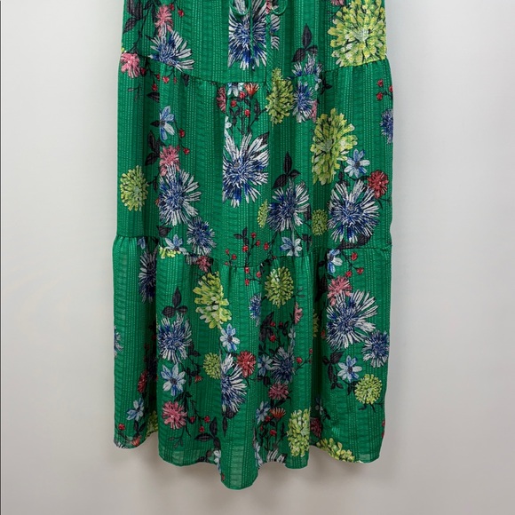 Ann Taylor LOFT Floral Chiffon Tiered V-Neck Midi Dress Green Large - Picture 4 of 10